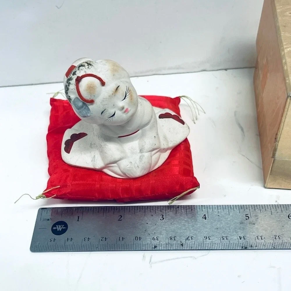 Vintage Hakata Urasaki Japanese Bisque Doll Figurine with Red Cushion and Box